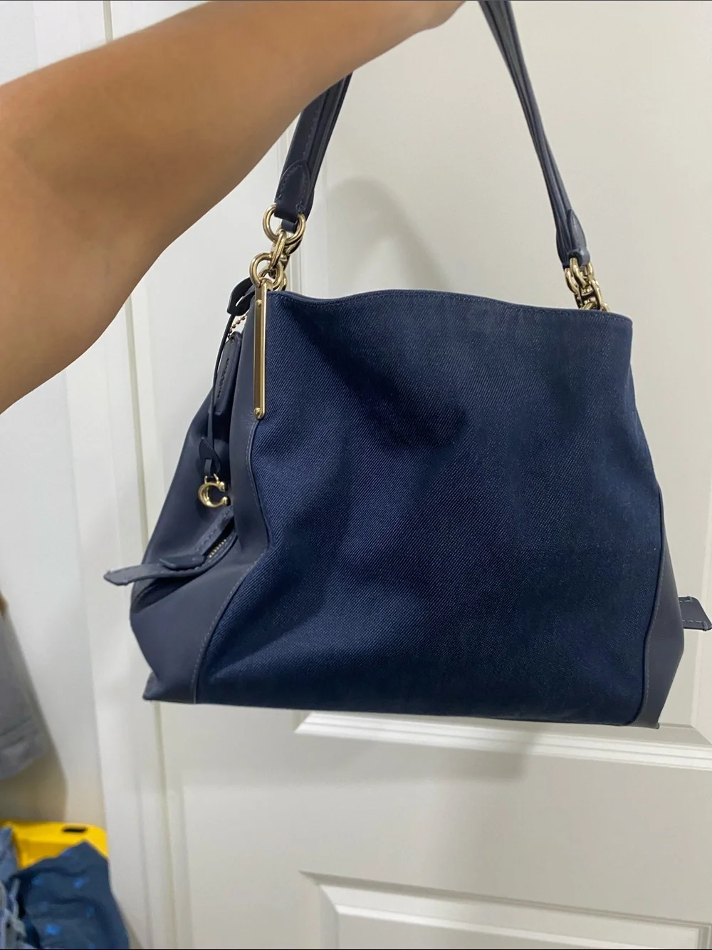 Coach Navy Logo Canvas & Leather Shoulder Tote